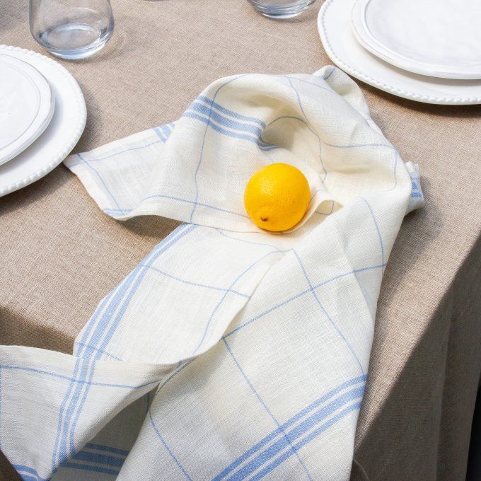 Torchon à broder fond écru motif bleu clair